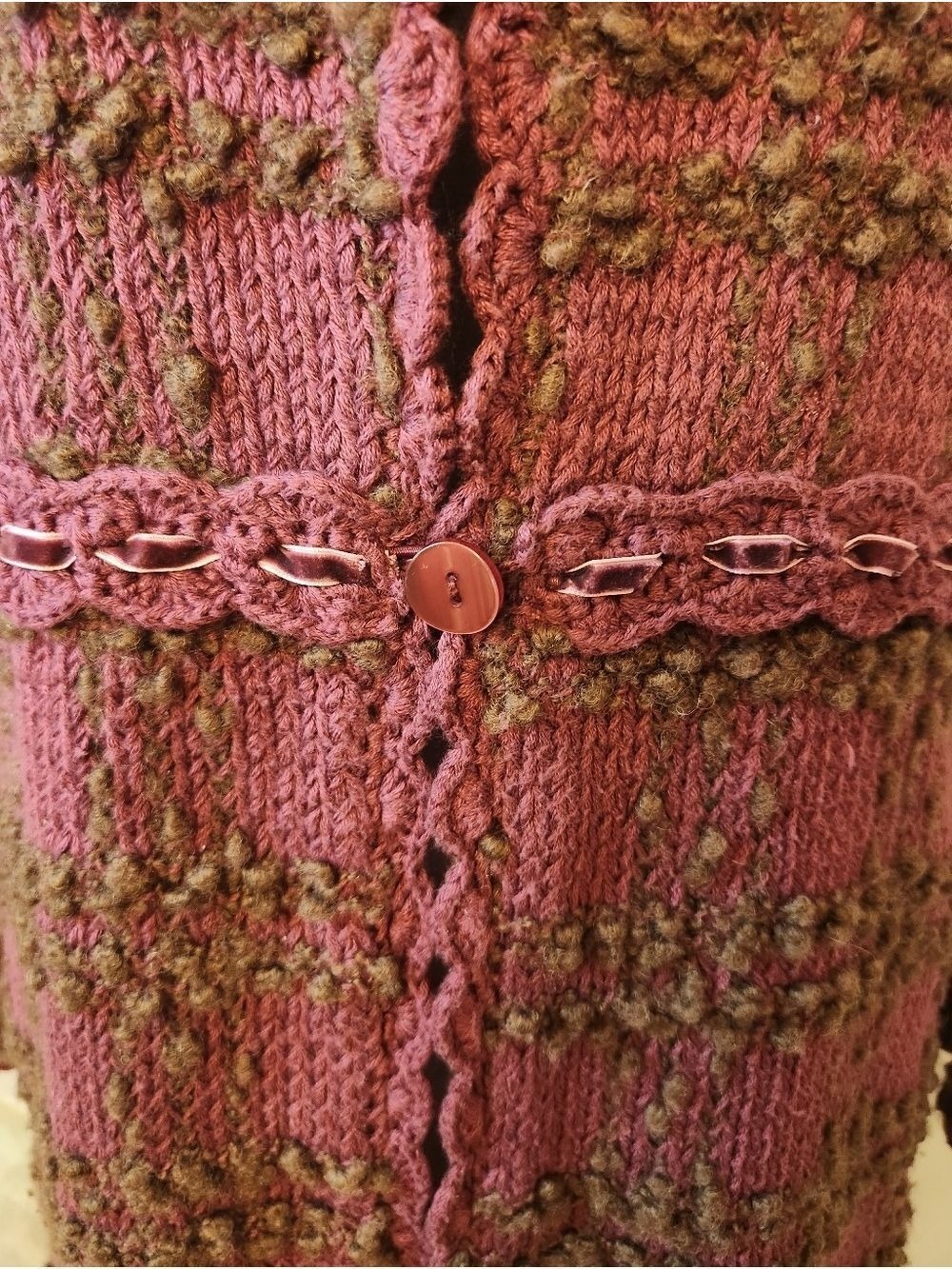 Vintage-Style Longline Knit Duster Cardigan - Plum & Brown Textured Empire Waist - Picture 13 of 15